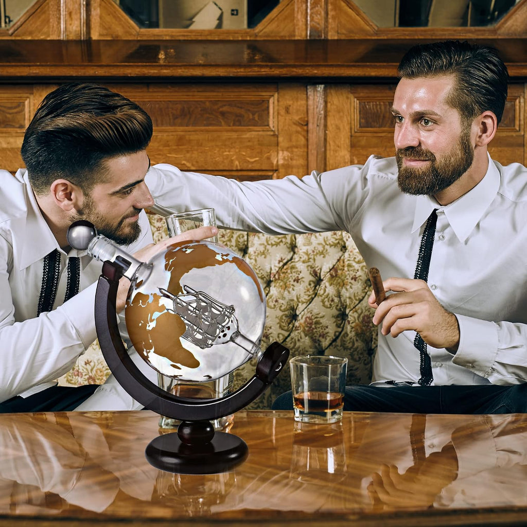 Whiskey Decanter Globe Gift Set - Rich Base Tray - Gold Whiskey Dispenser Airtight Stopper for Wine, Bourbon, Brandy