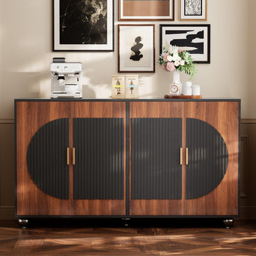 58" Fluted Modular Buffet Cabinet with Arched Doors & Gold Handles, Mid Century Modern Sideboard Credenza Storage