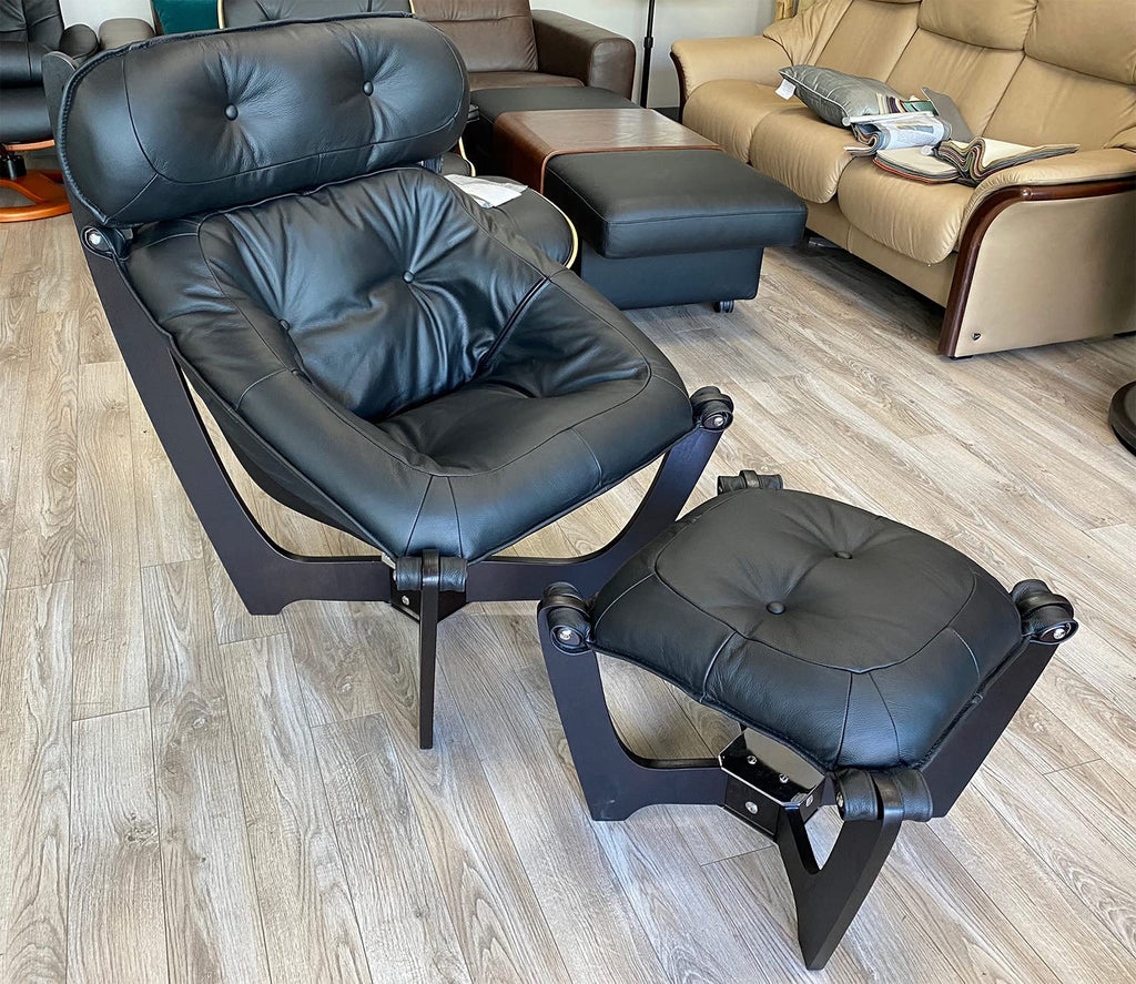 Luna High Back Leather Chair and Ottoman - Espresso Wood Frame (Black Leather)