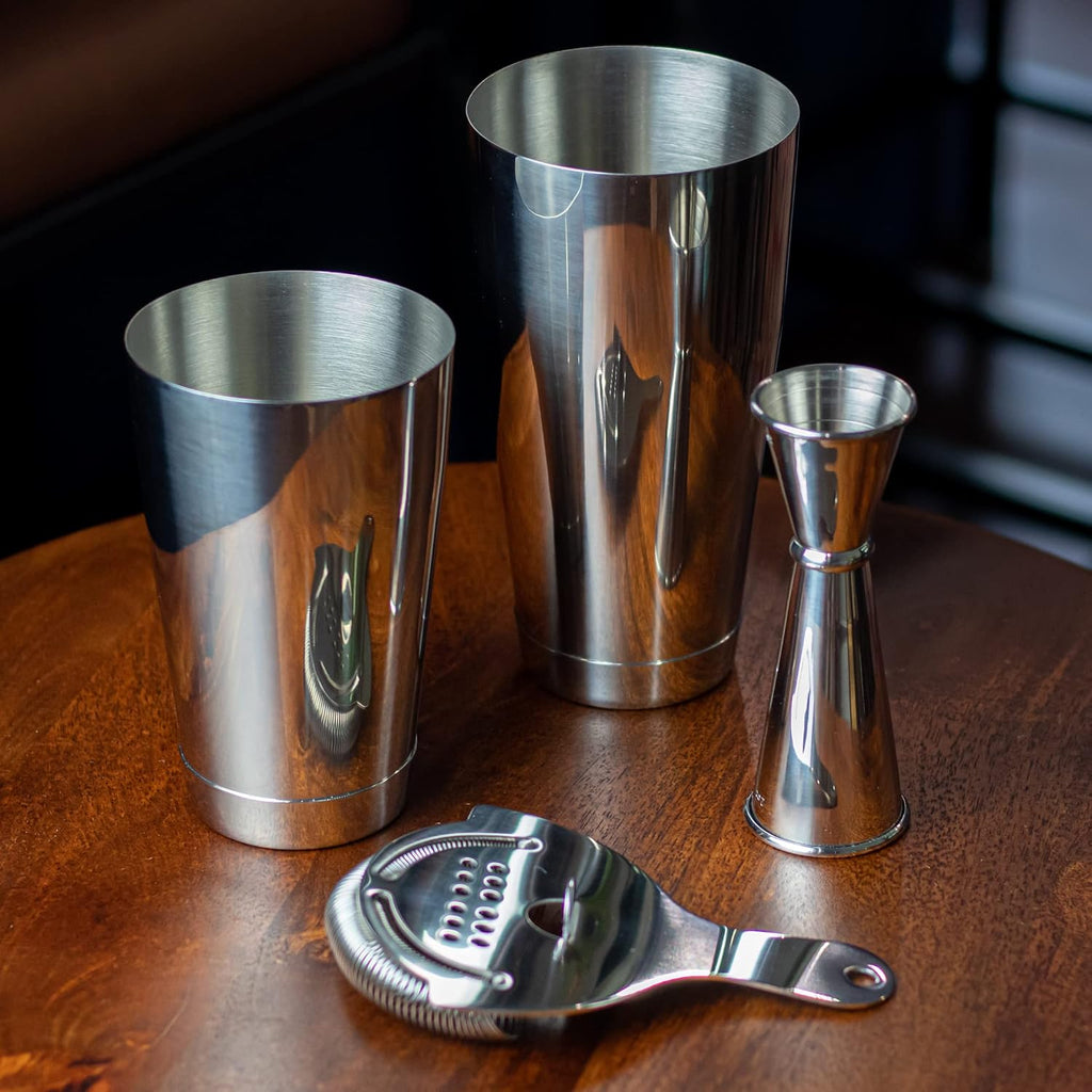 Professional Cocktail Shaker Set Bartending Kit: Weighted Boston Shaker Tins, Hawthorne Strainer and Japanese Jigger - Set of 4
