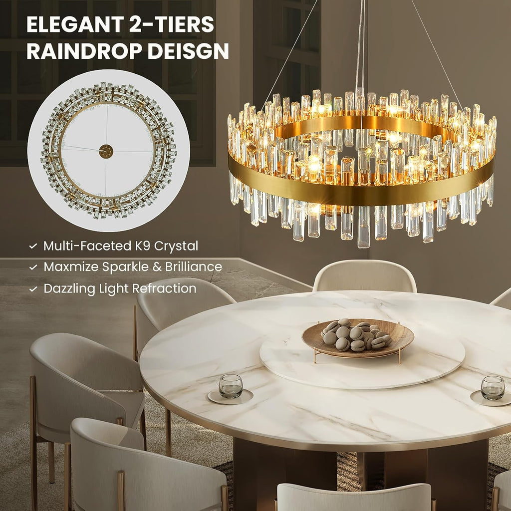 16-Light Modern Crystal Chandelier, Large Gold Round 2-Tiers K9 Crystal Chandelier, Luxury Flush Mount Crystal