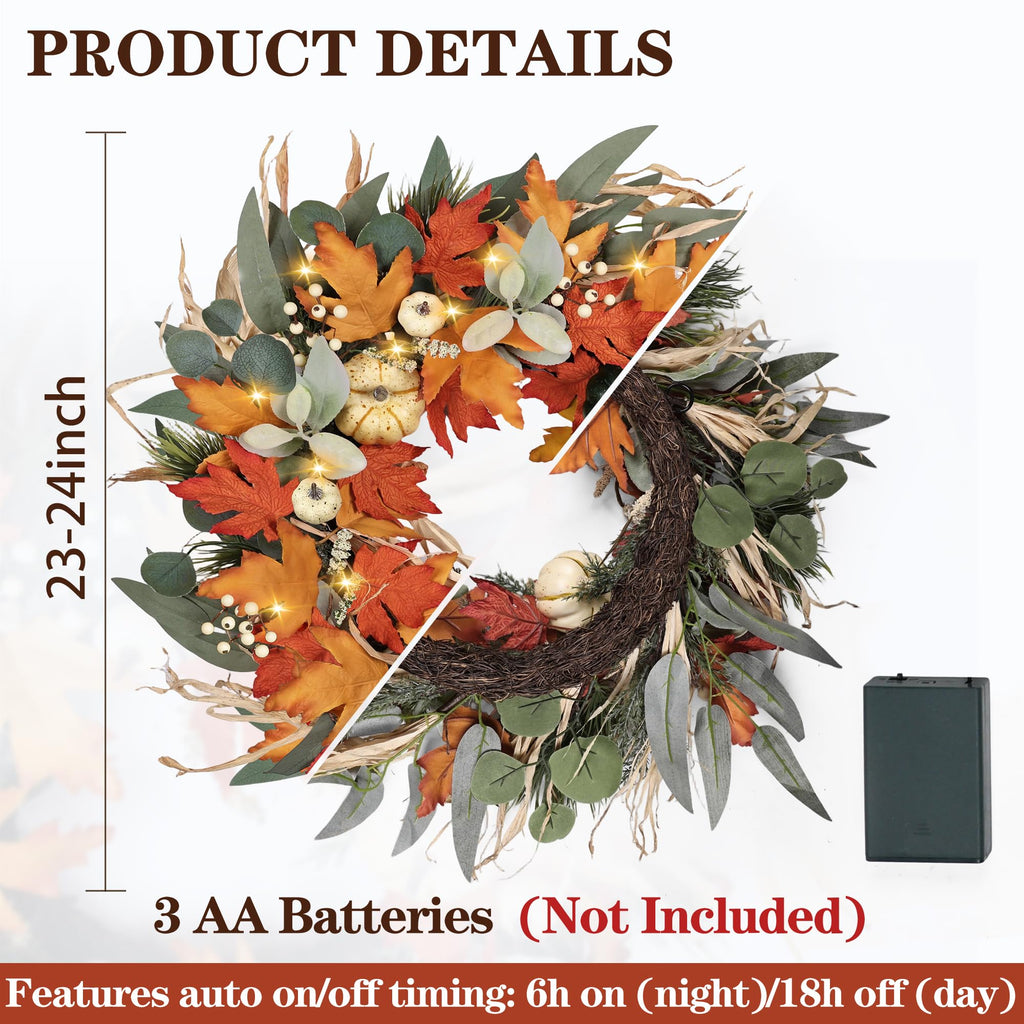 Realistic Fall Wreath with Lights/Timer 24 inch Fall Wreaths for Front Door with Pumpkins Autumn Wreath for
