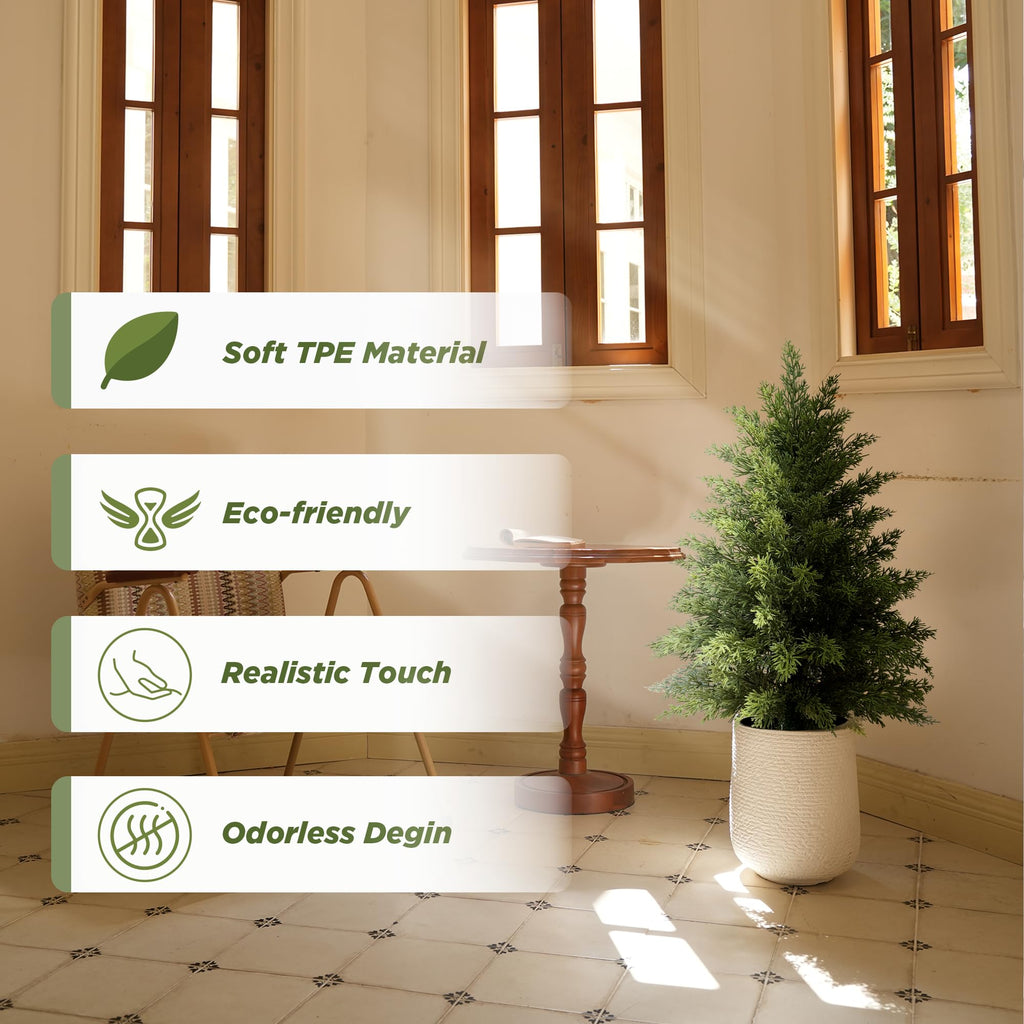 2ft Artificial Cedar Topiary Tree, Set of 2 Realistic Faux Evergreen Shrub Plant in Planter, Indoor Outdoor Fake