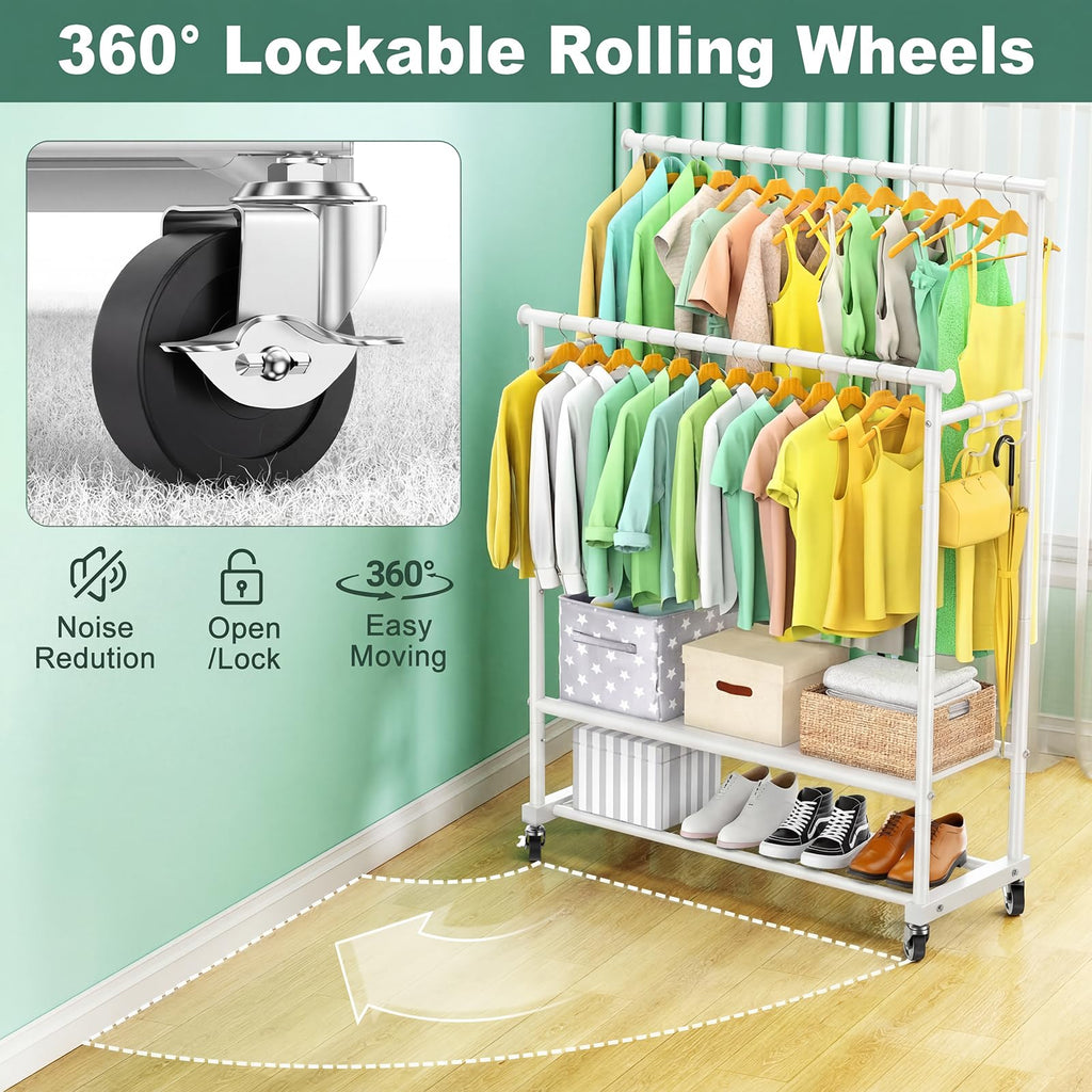Double Rods Clothes Rack for Hanging Clothes, Heavy Duty Rolling Clothing Rack with Wheels, Freestanding Garment