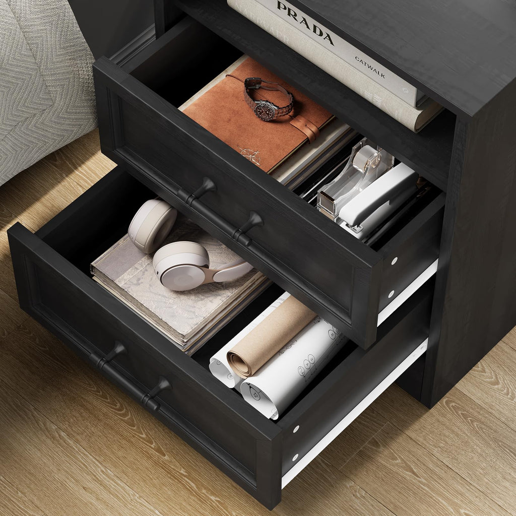 Black Nightstand with Charging Station, 19.7" 2-Drawer End Table