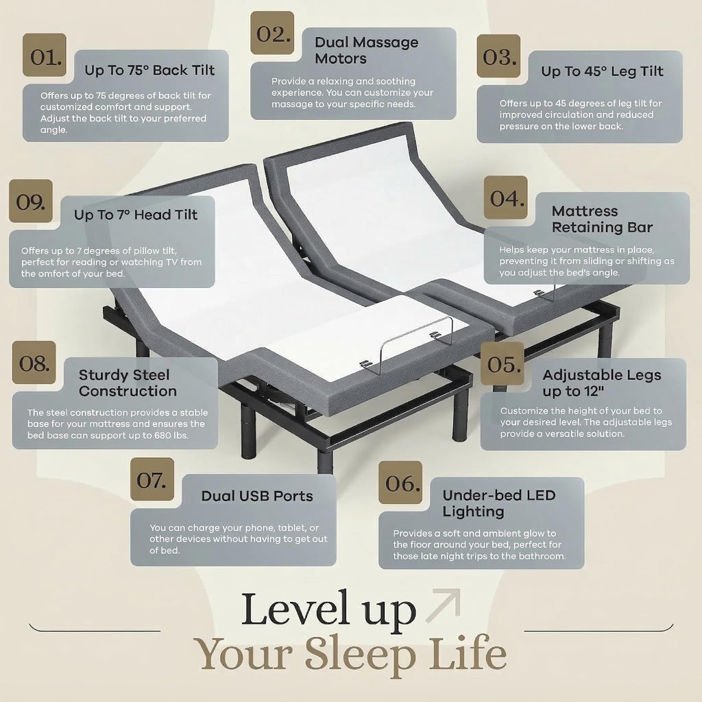 Harmony Adjustable Bed Base, Head and Foot Lift, Massage, Under-Bed Lights, USB, Gel Memory, Zero Gravity Smart Frame - Set of 2