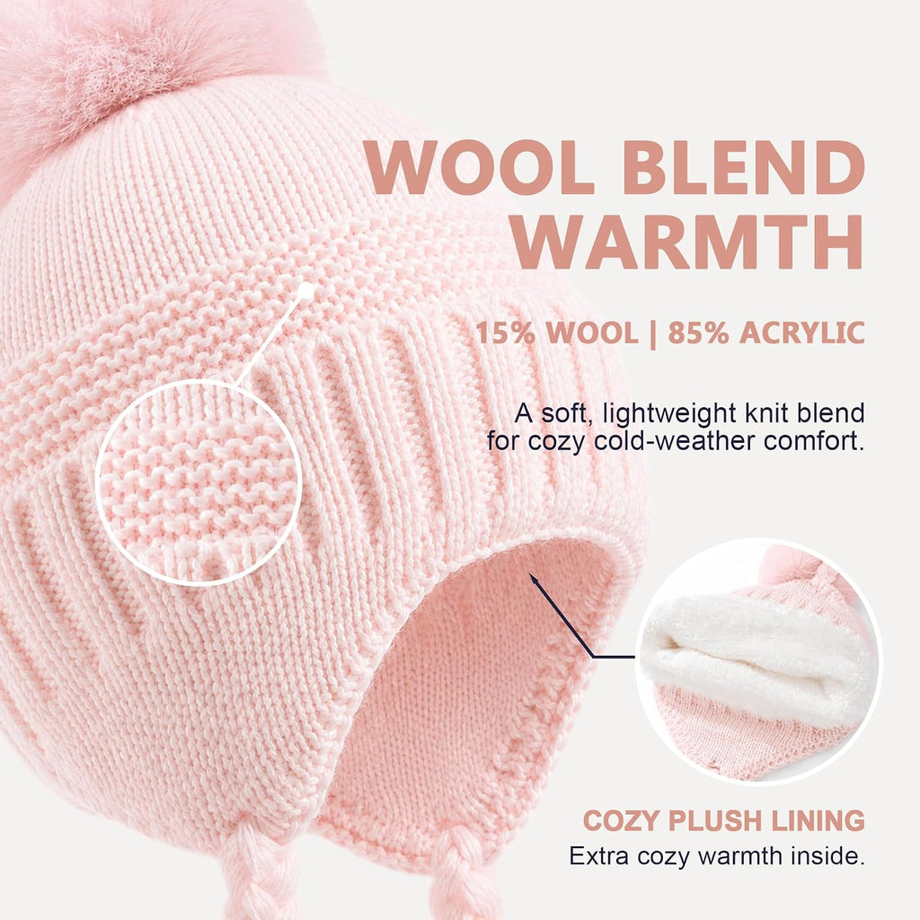 Baby Girl Winter Hat and Mittens Set, Wool Blend Pom Pom Beanie With Ear Flaps, For Infant Toddler Girls 0
