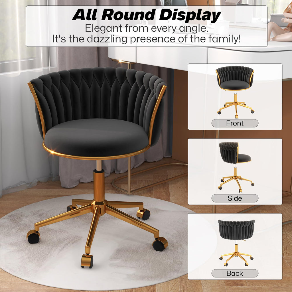 Velvet Woven Home Swivel Vanity Desk Chair with Gold Base, Black