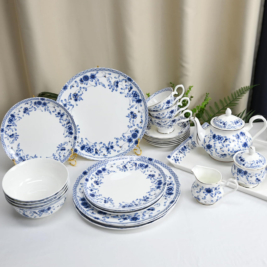 Fine Bone China Dinnerware Set, 12-Piece Blue and White Porcelain Dinnerware Set, Plates and Bowls Sets, Service for