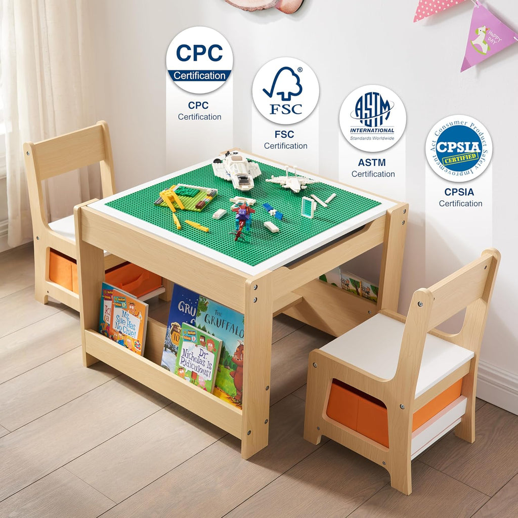 Kids Table and Chair Set, 4 in 1 Wooden Activity Table with Bookshelves and Storage Drawer, 2 in 1 Detachable