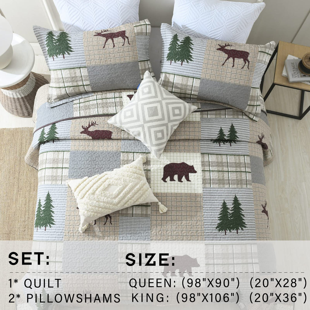Quilt - 100% Cotton Lightweight Cabin Plaid Quilt Bedding Set, Forest Tree Brown Bear Deer Patchwork