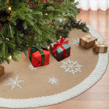 60 Inch Christmas Tree Skirt, Large Burlap Design with Fur Border Snowflake