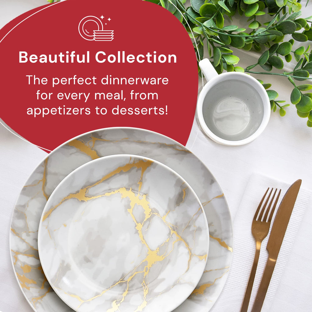 & Co 16-Piece Modern Premium Porcelain Ceramic Dinner Set, Lightweight Designed, Stackable, in Gold Marble/Gray Finish