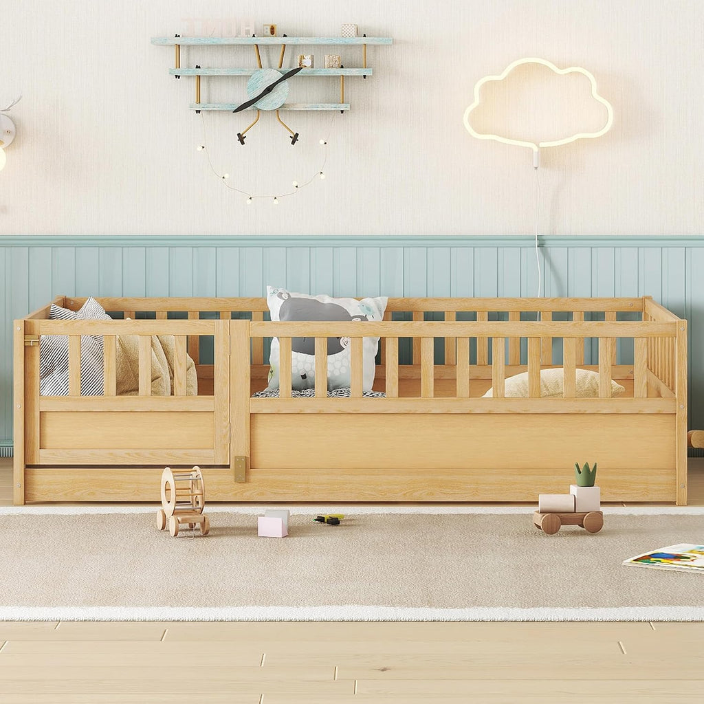 Kids Montessori Floor Bed Frame with Slats, Natural