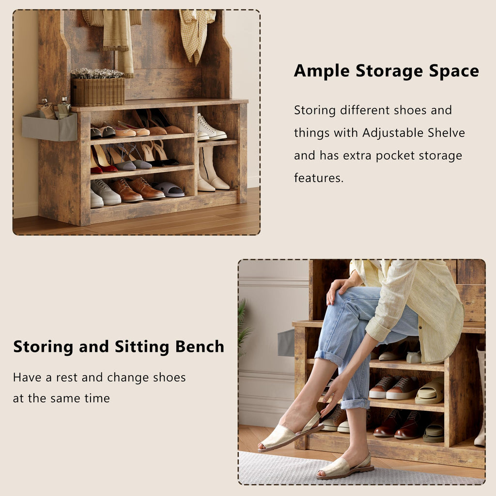 Entryway Hall Tree with Bench and Storage, Rustic Brown