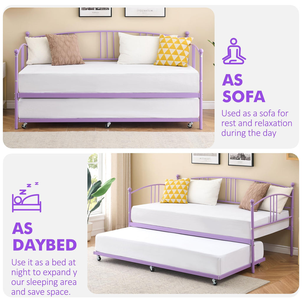 Twin Daybed with Trundle, Sturdy Metal Day Bed with Arched Headboard and Steel Slat Support, Pullout Trundle with 6