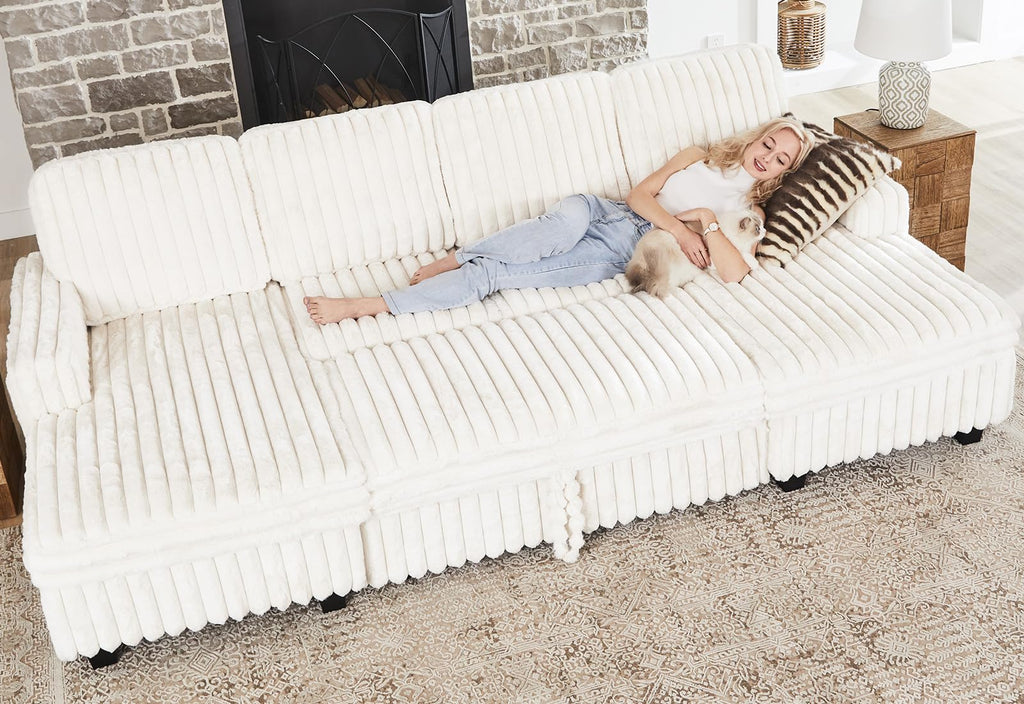Modular Sectional Sleeper Sofa with Pull Out Couch Bed Corduroy Double Chaise with Storage Beige Couch