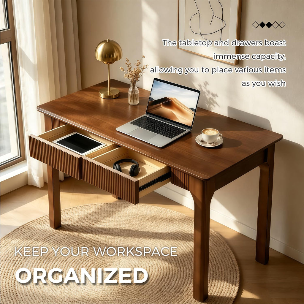 47" Fluted Solid Wood Desk with Drawers, Mid Century Modern Desk