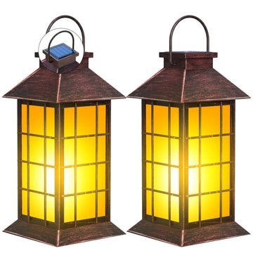 2 Pack 13" Copper Solar Lantern with Flickering Flame Candle | Outdoor Waterproof Hanging Solar Lanterns, Metal &
