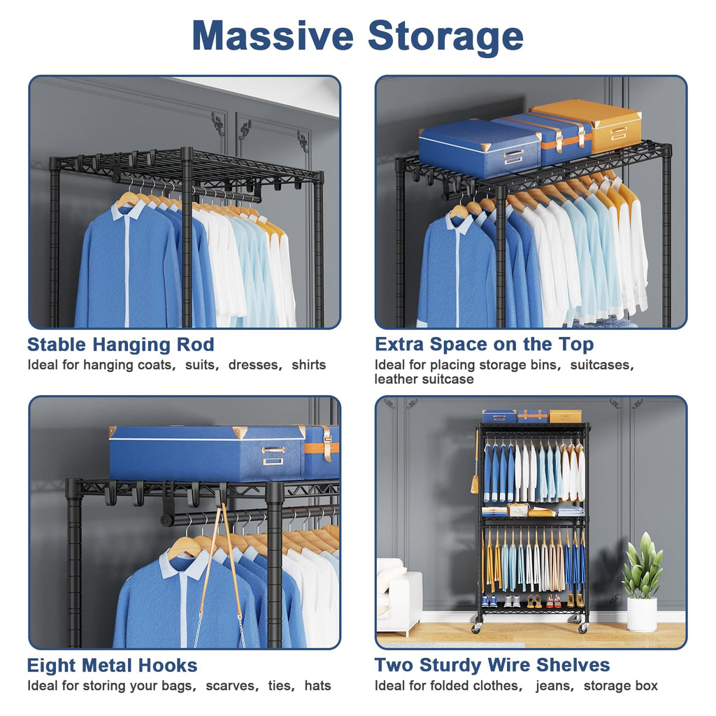 P8 Heavy Duty Clothes Rack(With Extended Width Design) Rolling Clothing Racks for Hanging Clothes, Portable Garment