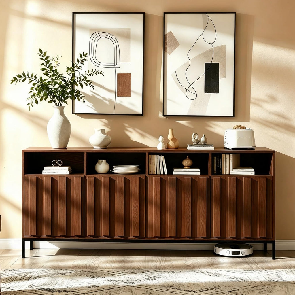 70" Walnut Fluted TV Stand for up to 80" TVs with Power Outlets