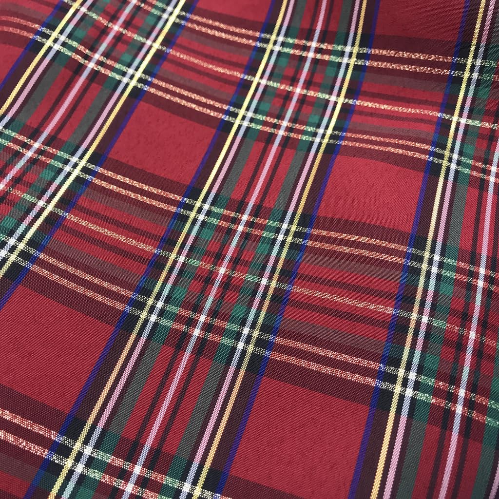 72x57 Inch Red & Green Lurex Tartan Plaid Taffeta Fabric with Metallic Gold