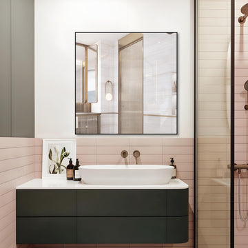 28x28 Inch Black Bathroom Mirror, Decorative Square Aluminum Frame