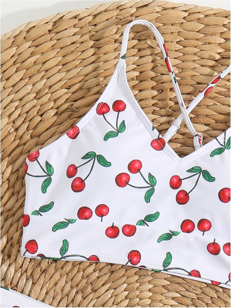 Girl's 3 Piece Swimsuit Cherry Print Cute Bikini Set with Cover Up Skirt