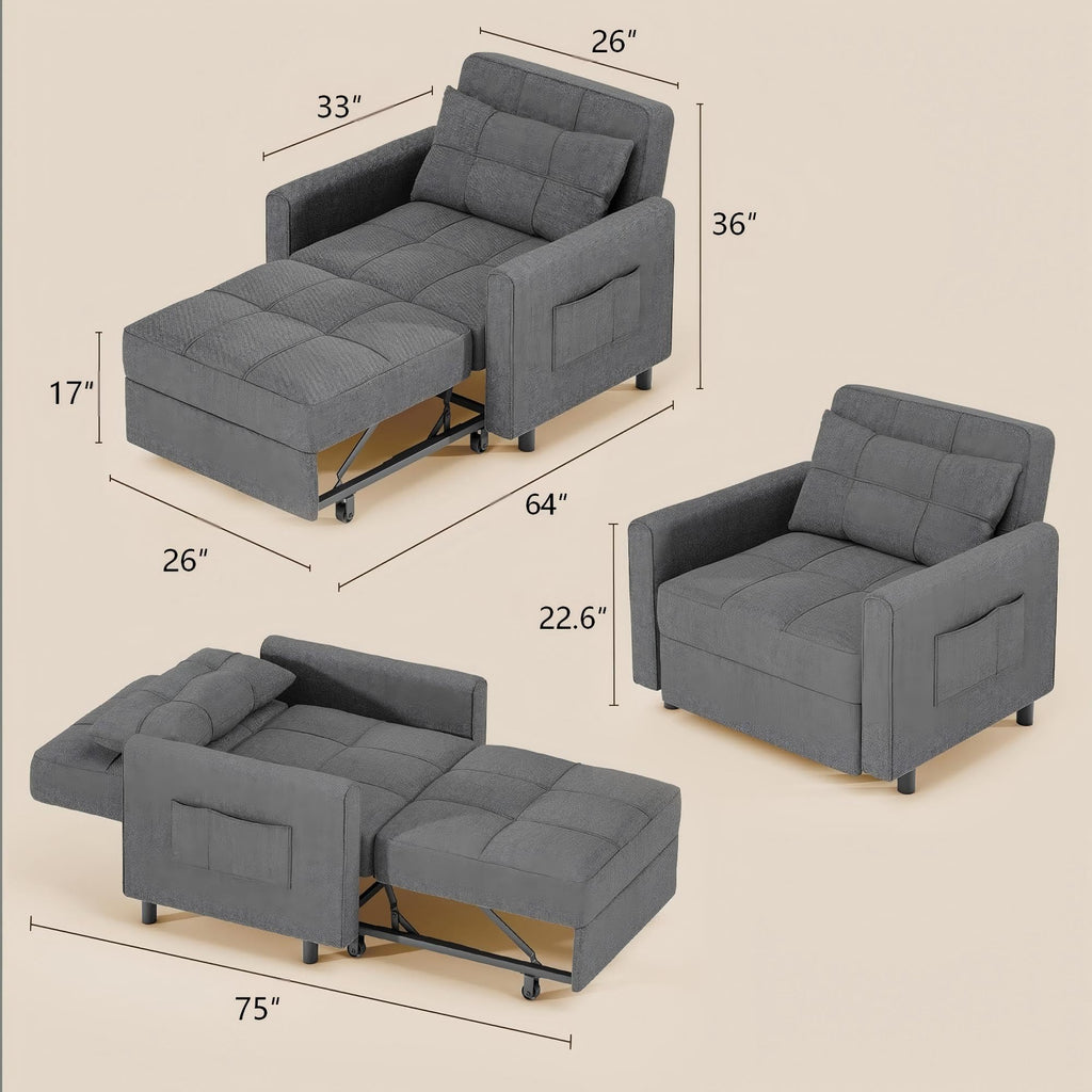 3-in-1 Convertible Sofa Bed Chair, Pullout Sleeper, Adjustable Back
