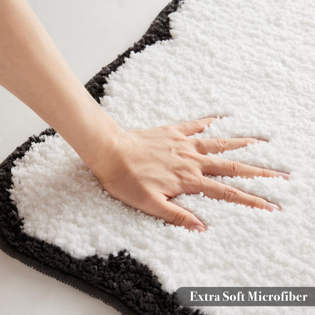 Luxury Microfiber Bathroom Rugs, White and Black Scalloped Piping Bath Rug Cute Aesthetic Preppy Elegant Bath Mat