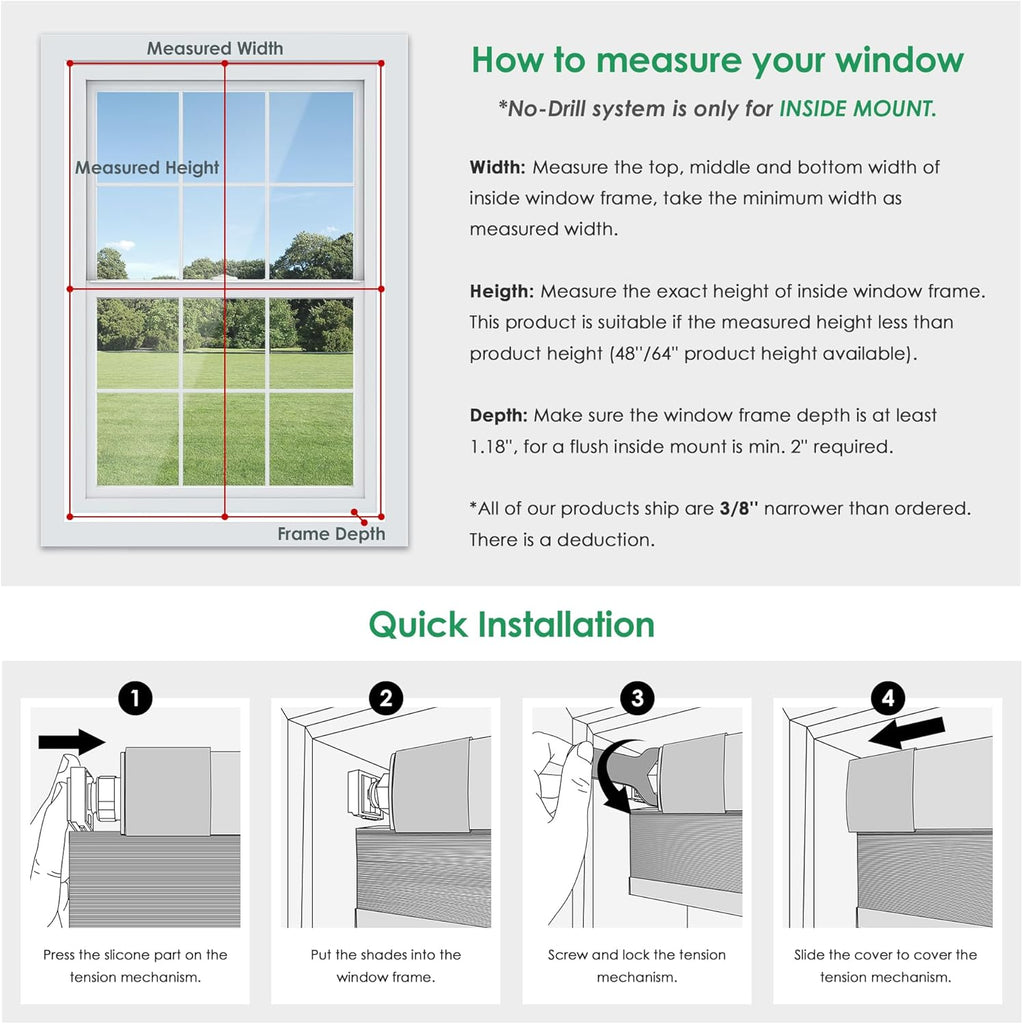 No Drill Cordless Cellular Shades, White | Blackout Fabric Protects Privacy, With Thermal Insulation & Noise