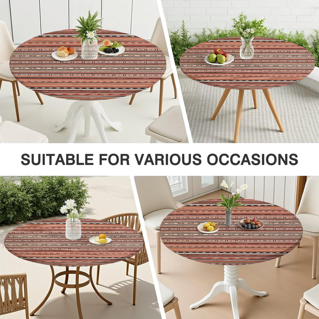 Boho 42 Inch Round Fitted Cloth Tablecloth with Elastic Edged, Waterproof Oil Proof Wipeable Table Cover for Indoor