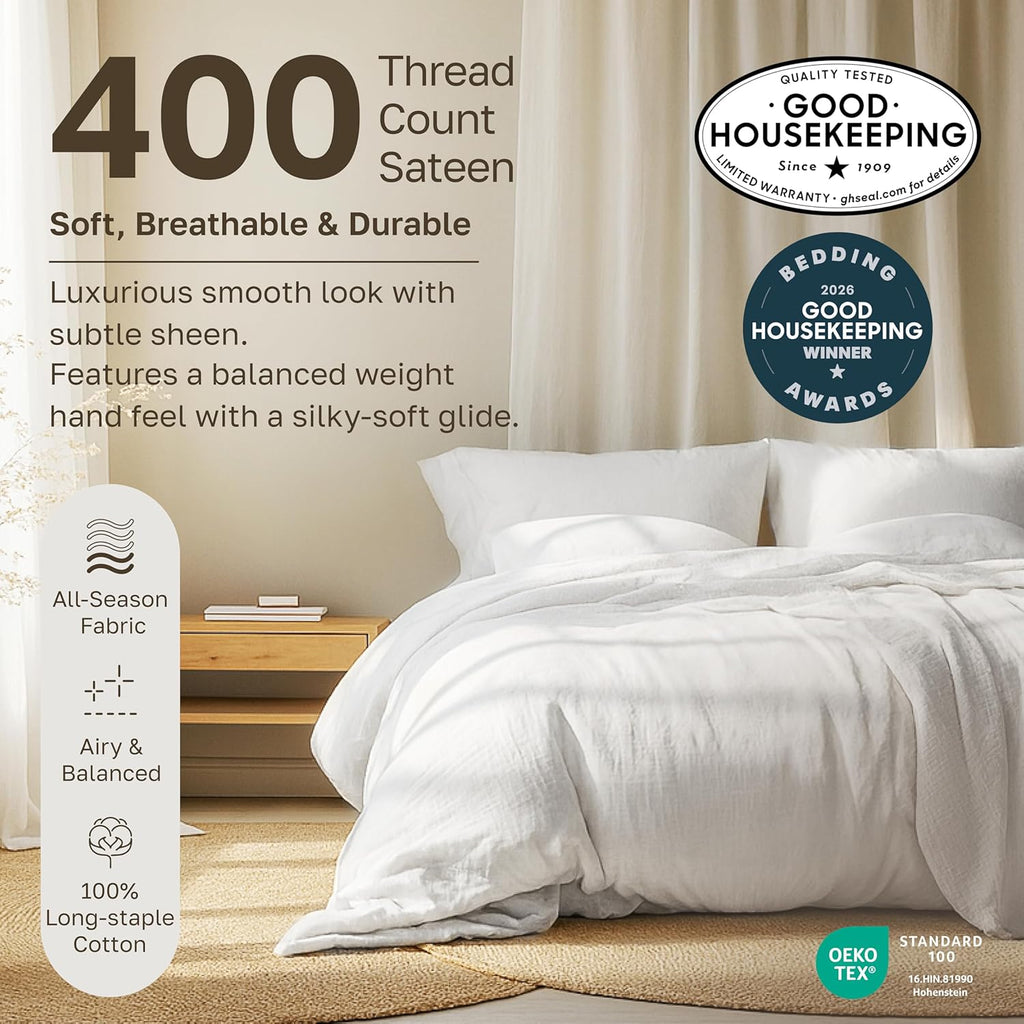 Soft 100% Cotton King Sheet Set, 400 Thread Count Good Housekeeping Award Winner, Silky Smooth Sateen Weave with Deep