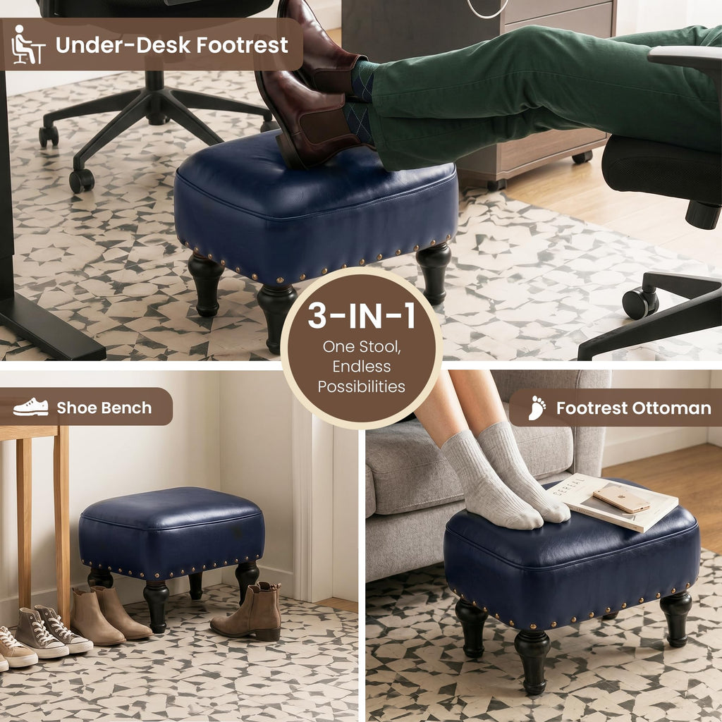 Ottoman Leather Footrest, Vintage Footstool, Thickened Foam Upholstered Seat, Wooden Leg Foot Rest, Under Desk Shoe Bench