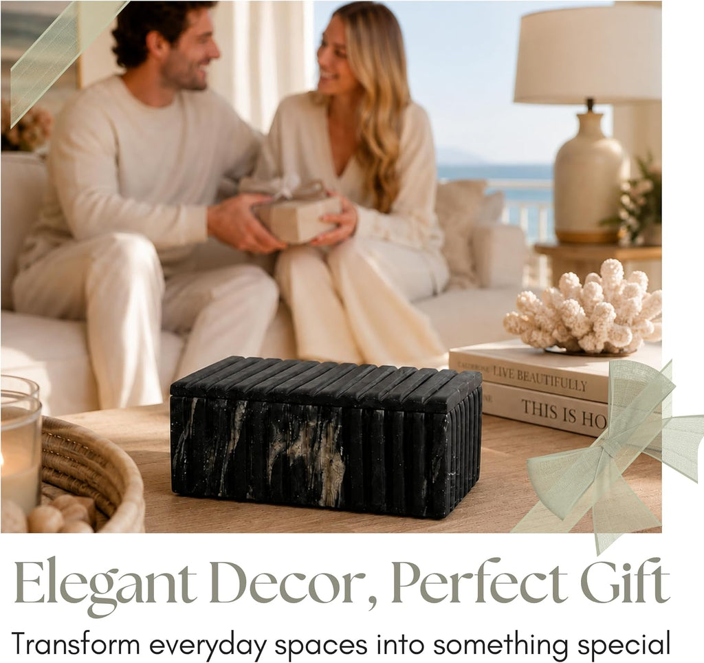 Decorative Marble Ridged Box Decor - Modern Storage Box with Lid for Jewelry, Keepsake, and Shelf Accent - Home