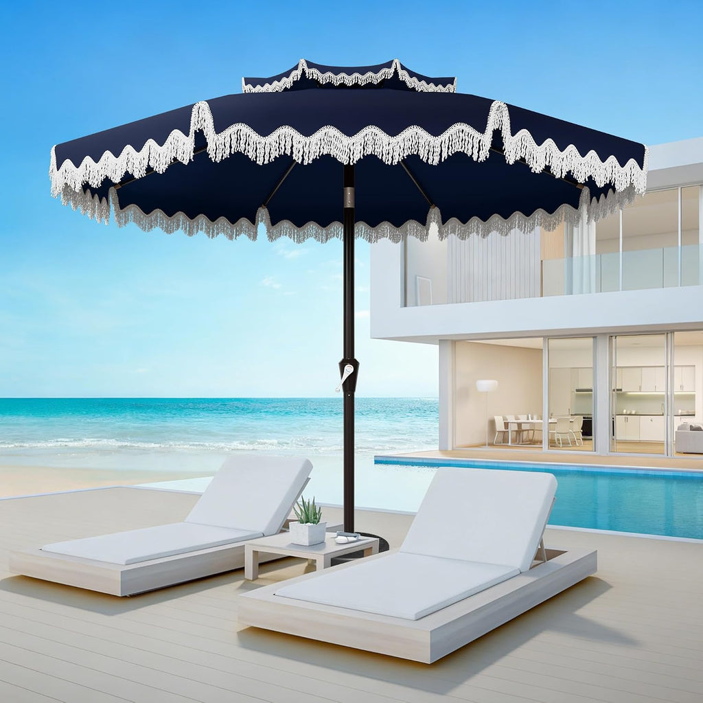 9ft Patio Umbrella with Fringe Tassels, Wind-Resistant Fiberglass Ribs - Navy