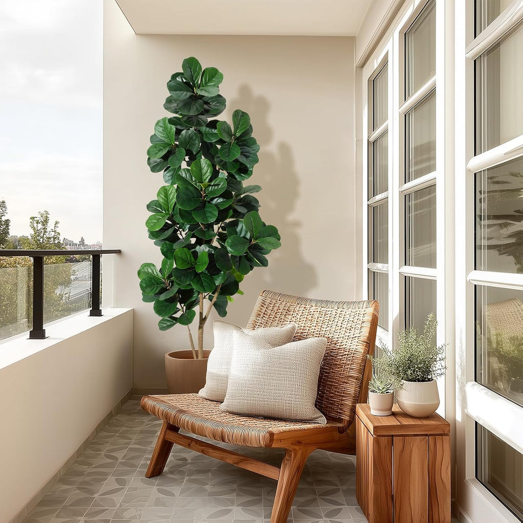 7 ft Fiddle Leaf Fig Tree Artificial with 141 Leaves - Realistic Faux Ficus Lyrata Trees in 9 in White Planter Pot