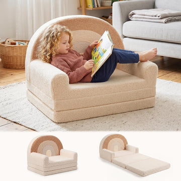 In-1 Extra Large Kids Couch Fold Out, Soft Kid Sofa for Playroom, Beige