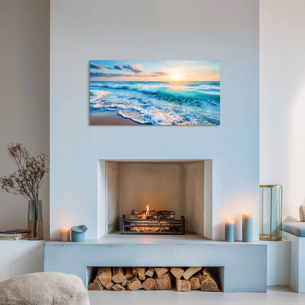 Blue Ocean Large Canvas Wall Art Prints, Coastal Sunset Landscape Prints Paintings, Nature Waves Beach Wall Decor