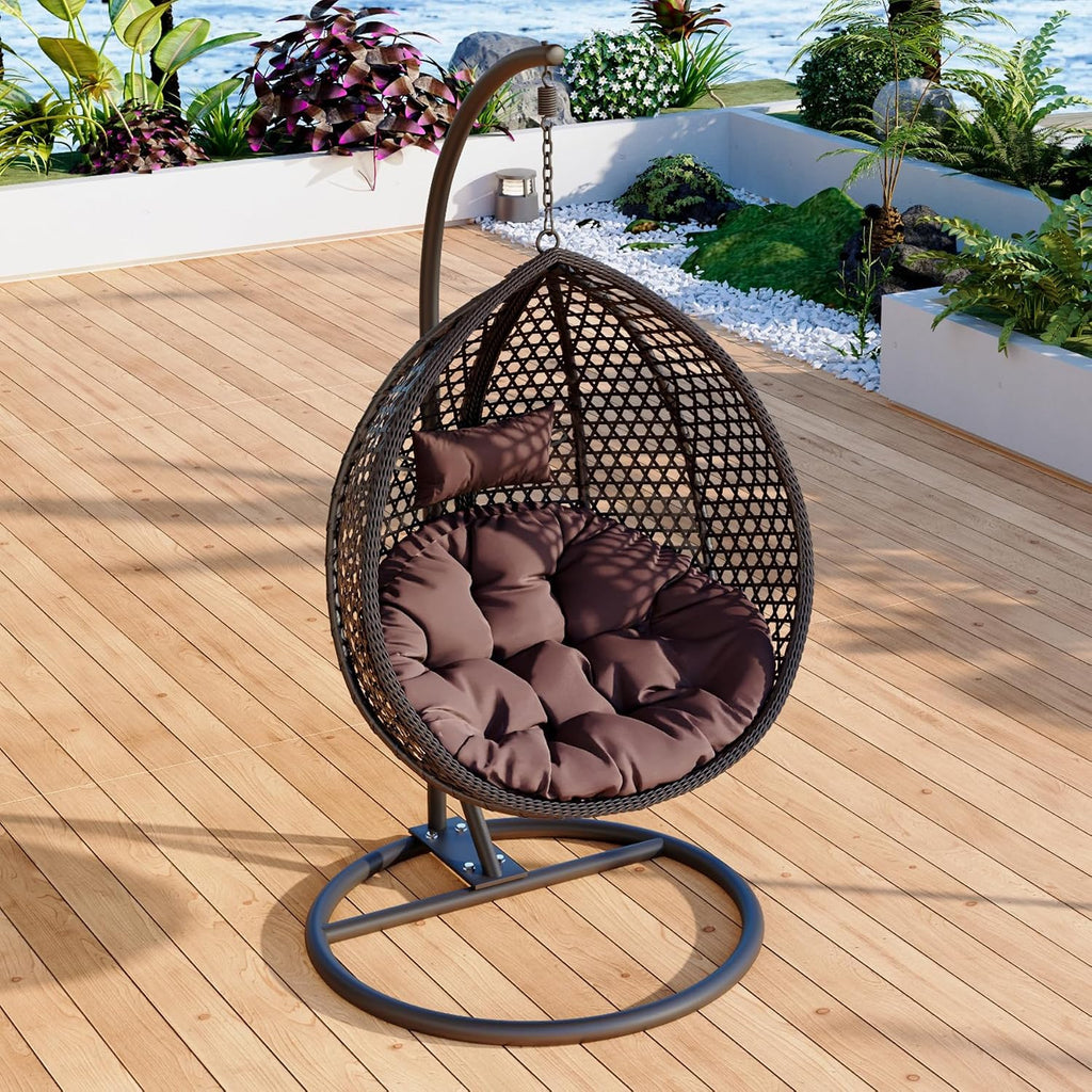 Egg Swing Chair Outdoor with Stand, Indoor Hanging Egg Chair | Rattan Basket Chair with Cushion and Pillow, Foldable