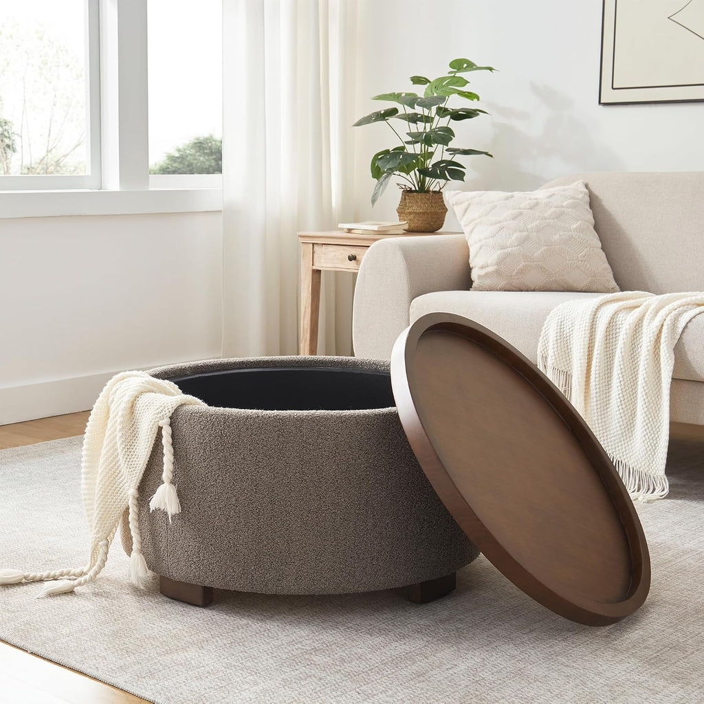 30 Inch Round Storage Ottoman, Ottoman Coffee Table with Lift Off Lid, Boucle Modern Ottomans with Storage s (Brown)