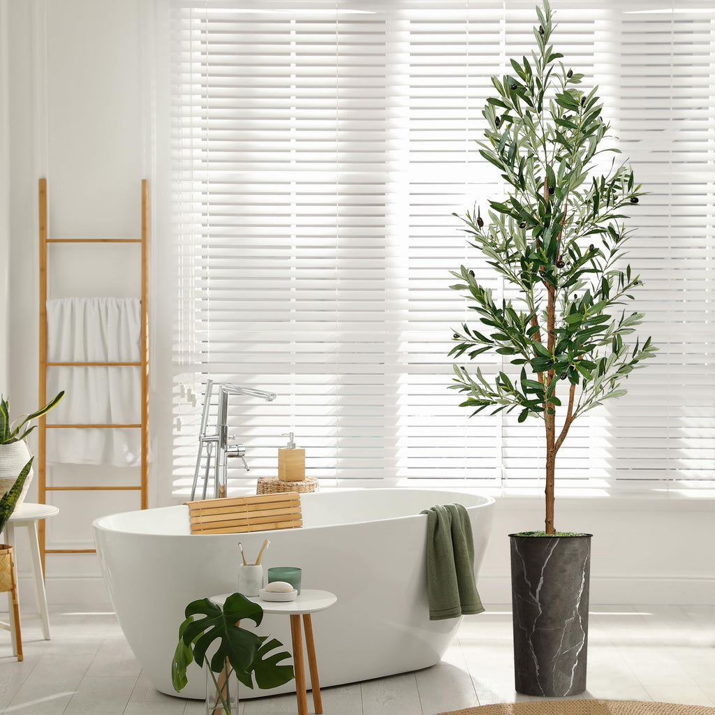 Artificial Tree in Modern Granite Effect Planter, Fake Olive Silk Tree for Indoor and Outdoor Home Decoration - 68"