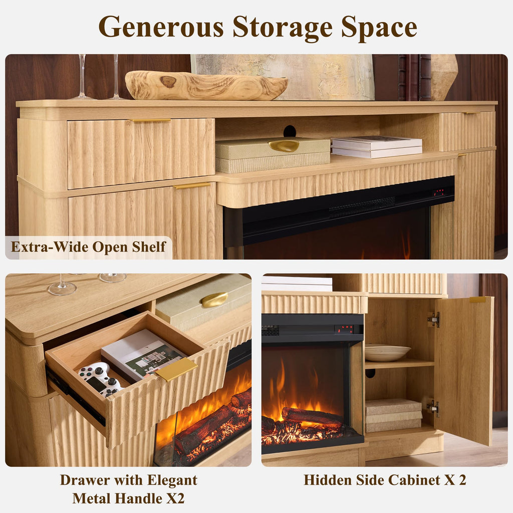 70'' Fireplace TV Stand with Storage, Fluted Media Console, Natural Oak
