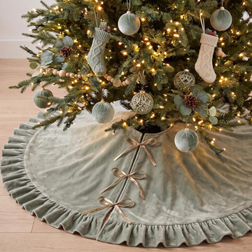 Velvet Christmas Tree Skirt, 48 Inches, Bow Style, Sage Green