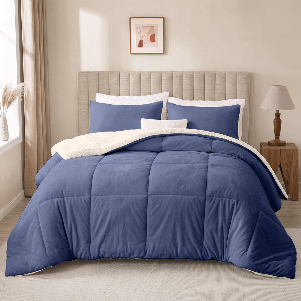 Fluffy Sherpa Comforter Set, Thick Bedding Set 3PC, Slate Blue