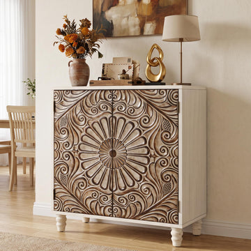 32" Vintage Cabinet with Doors & Shelf, Rustic Boho Decorative Buffet Sideboard w Wood Grain Finish, White Storage