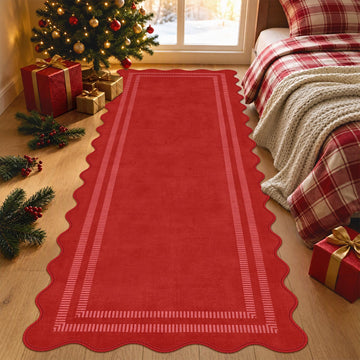 Washable Christmas Runner Rug 2.6x8 Kitchen Hallway Scalloped Rugs, Non Skid Stain-Resistant Indoor Rug Soft Entryway