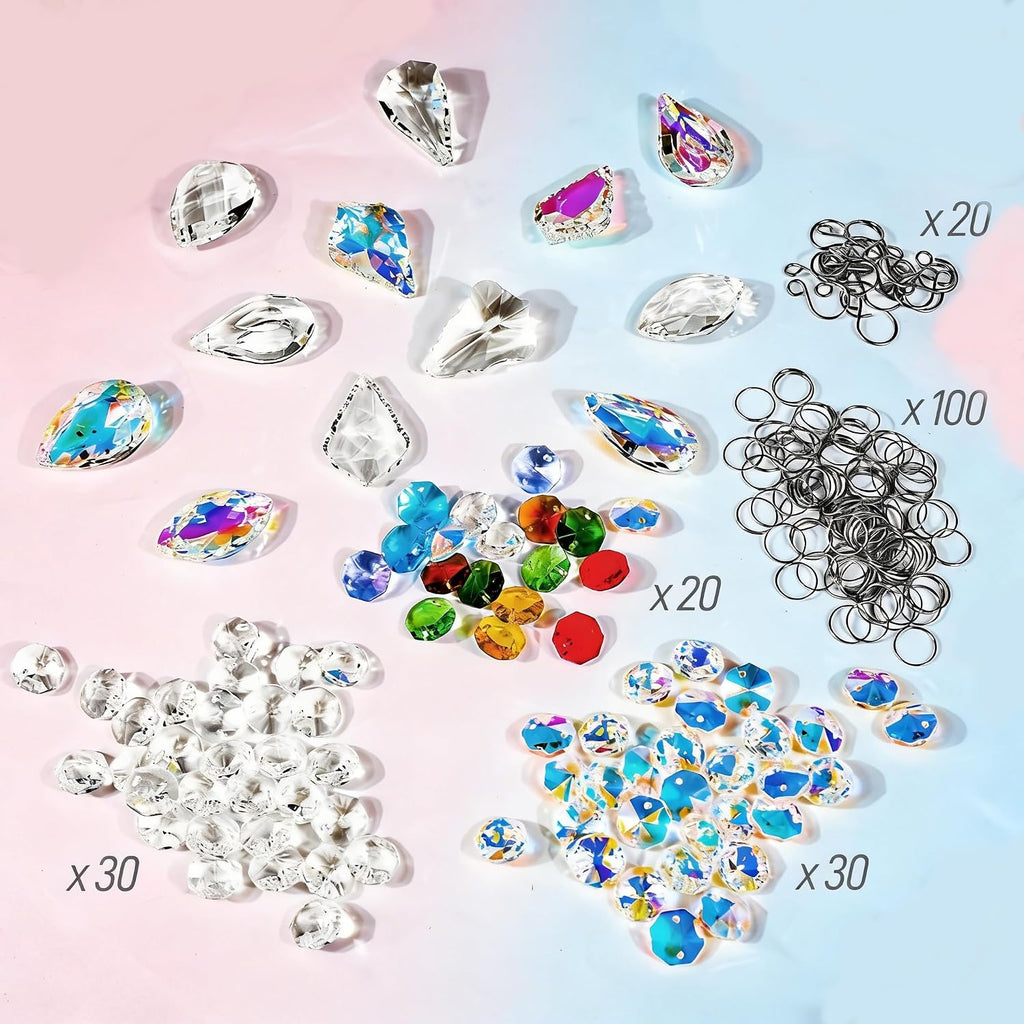 212pcs Sun Catcher Crystals Making Kit for Adults Clear Hanging Prism Sun Catcher with Crystals Rainbow Maker 12