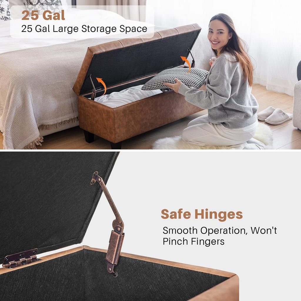 42" Faux Leather Storage Ottoman Bench, End of Bed Storage Bench | Faux Leather, Solid Wood Leg, Safety Hinge, Modern