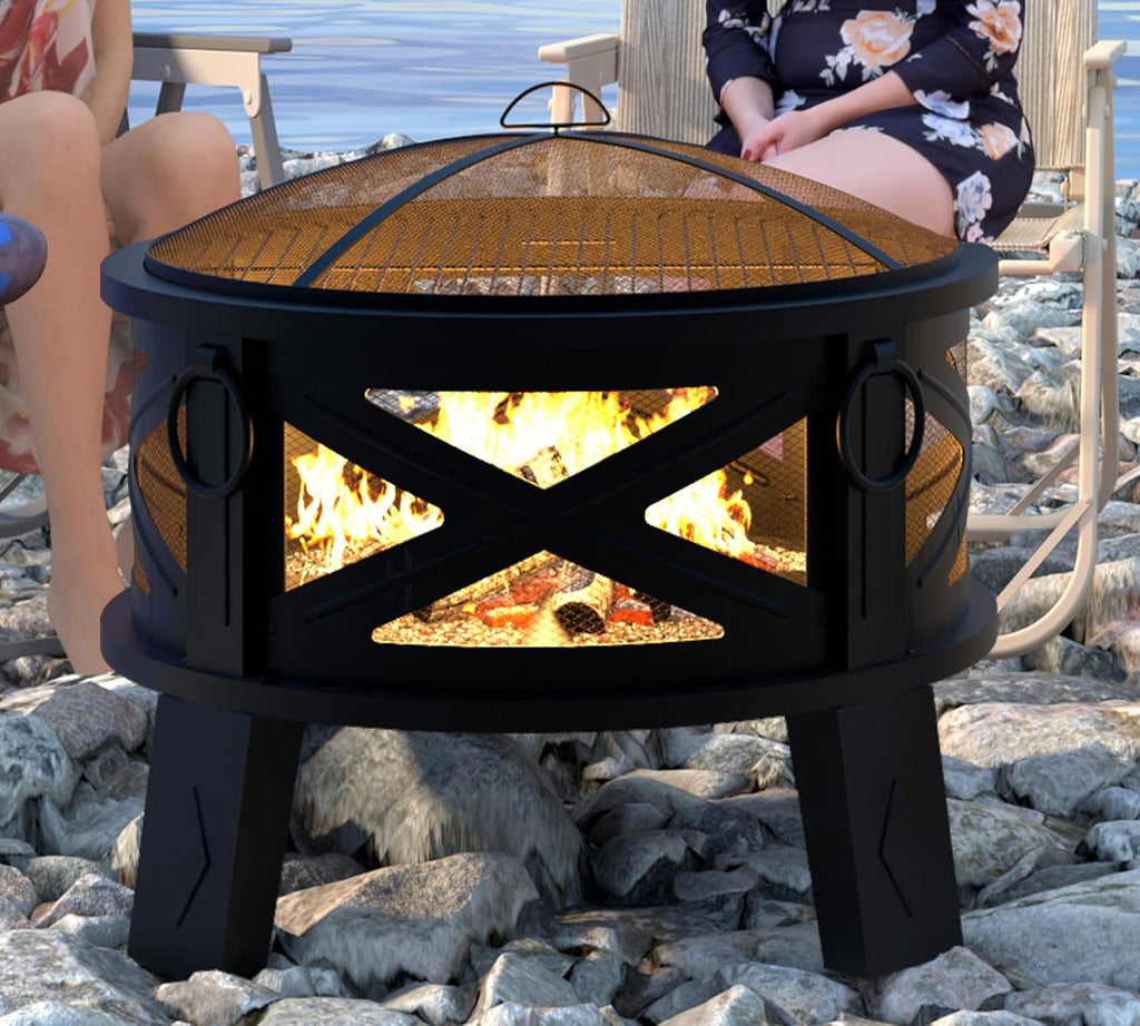 26"Steel Fire Pit with Grill Grate&Spark Screen,360° Airflow Boost Technology,Less Smoke,Larger Flames,Heavy-Duty